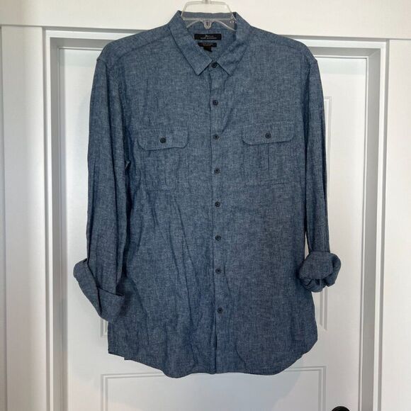 Marc Anthony Chambray Linen Blend Slim-Fit Long Sleeves Button-Down Shirt, XL - Picture 2 of 7